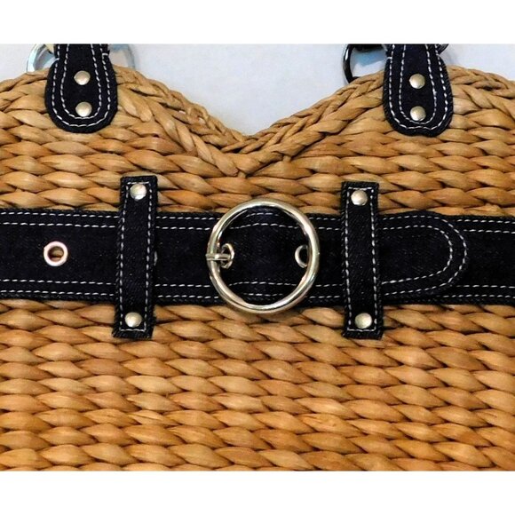 Randolph Duke The Look Straw Shoulder Bag Denim Belt Accents Blue Tan Purse - Picture 3 of 8